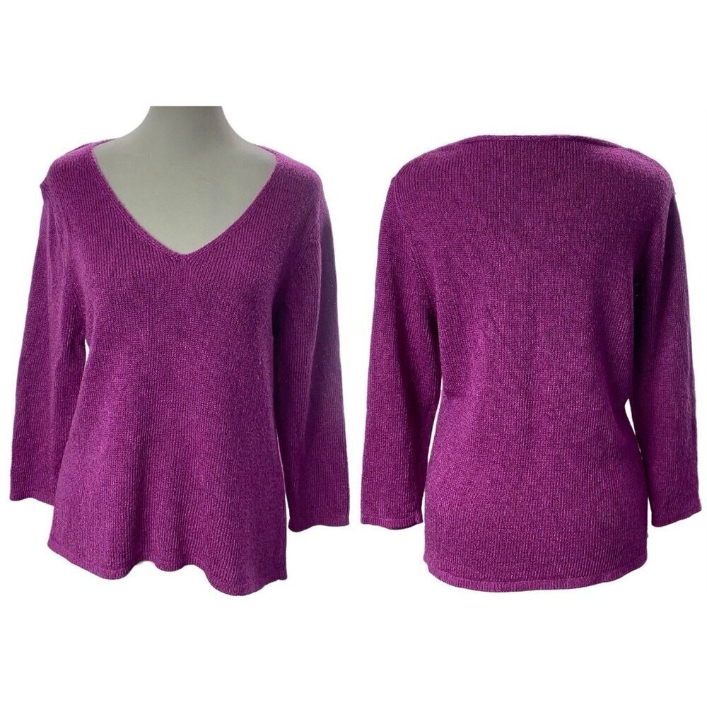 EILEEN FISHER Women Silk Blend Pullover Sweater Sz L Fuchsia 3/4 Sleeves V Neck